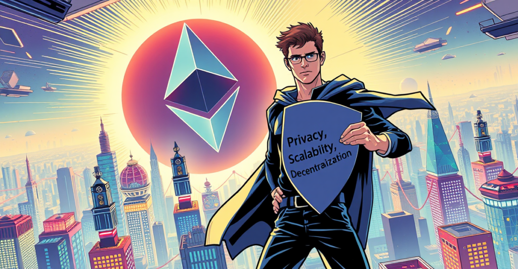 Vitalik Buterin站在代表以太坊未来的未来城市景观上,手持标有'隐私、可扩展性、去中心化'的盾牌