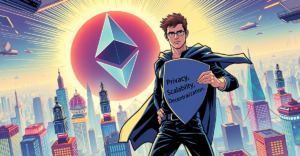Vitalik Buterin站在代表以太坊未来的未来城市景观上，手持标有'隐私、可扩展性、去中心化'的盾牌