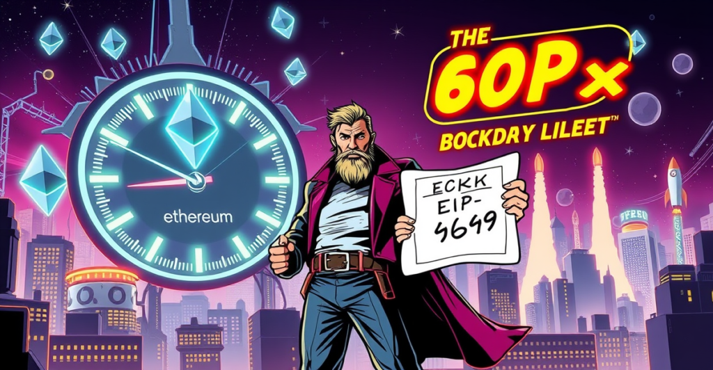 复古漫画风格封面展示Dankrad Feist和EIP-9698提案，背景是以太坊符号和飙升的Gas计量表