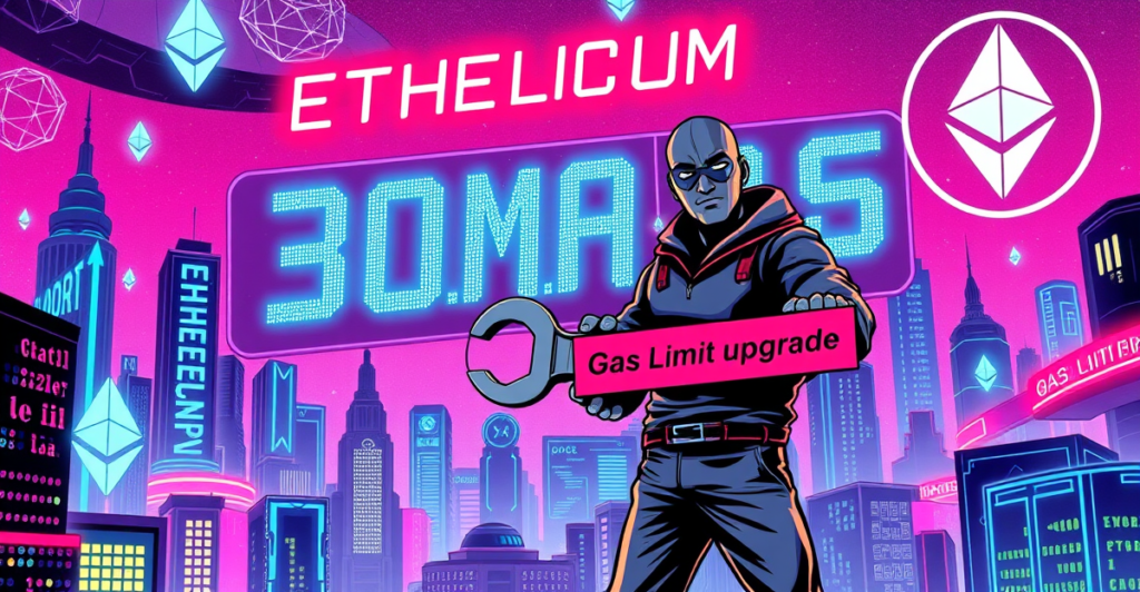 复古漫画风格封面展示以太坊Gas上限提升至1.5亿，背景为未来城市和区块链网络