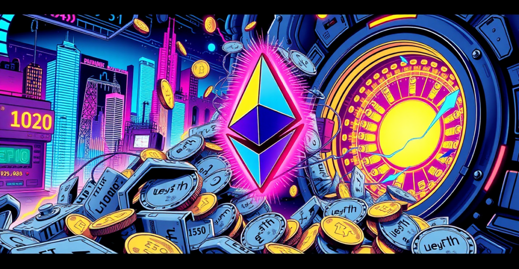 复古漫画风格插画展示大量以太坊流入累积地址，背景是霓虹城市和上涨趋势图