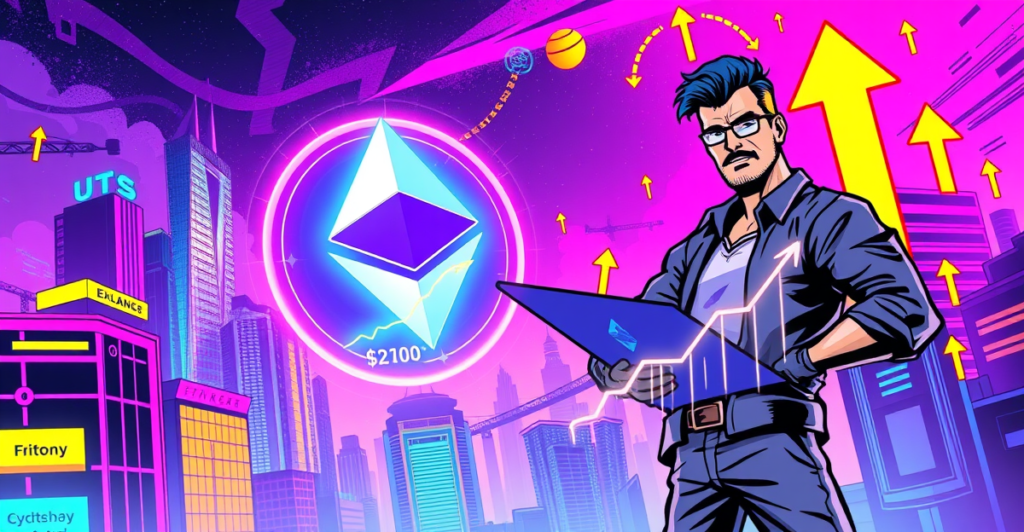 复古漫画风格插画展示以太坊价格飙升，背景为未来城市和2100美元目标