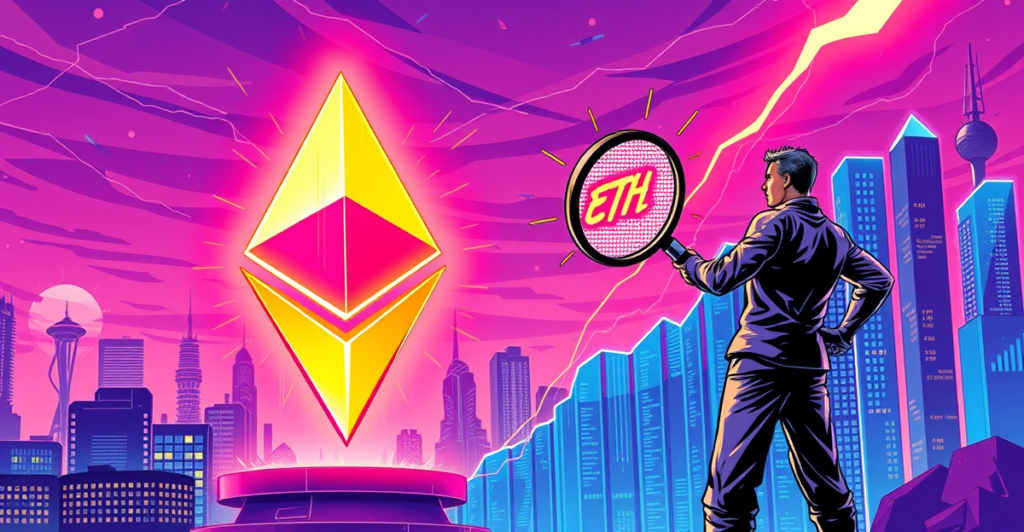 复古漫画风格插画展示以太坊符号在霓虹灯下闪耀，背景是显示价格上涨趋势的数字图表