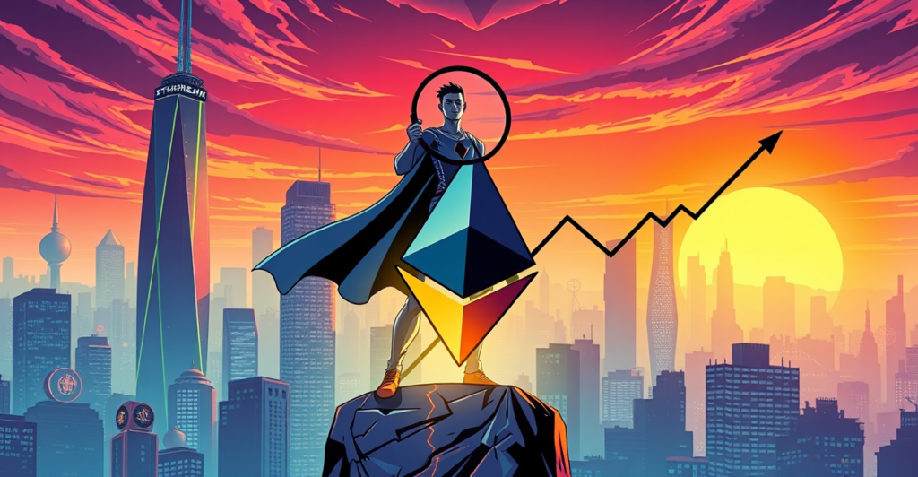 英雄人物站在发光的以太坊符号上，背景是未来城市景观，象征以太坊价格的折价状态和增长潜力