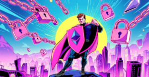 Vitalik Buterin 作为超级英雄站在代表以太坊网络的未来城市景观上，手持以太坊标志的盾牌，象征隐私增强。