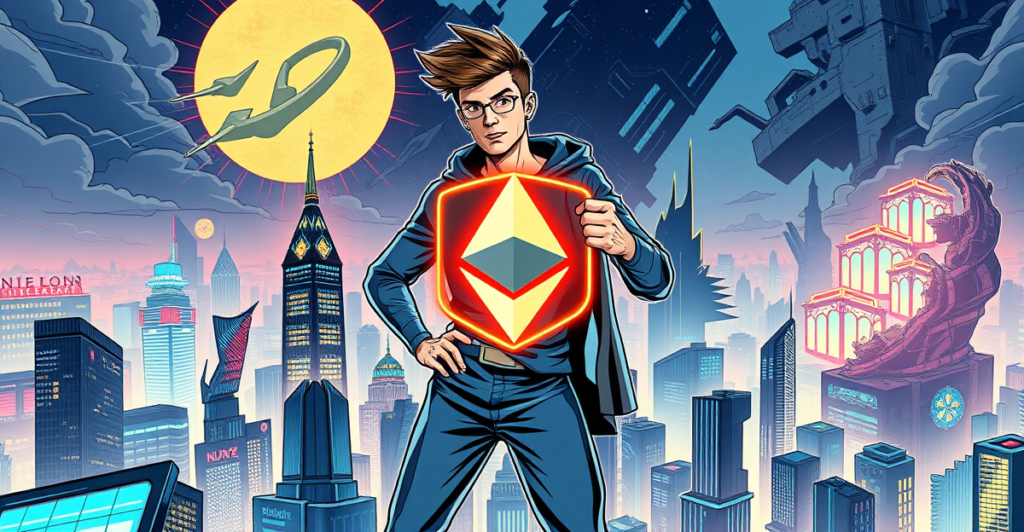 Vitalik Buterin作为超级英雄站在以太坊区块链上的未来城市景观上，象征良好与不良社会哲学的对比