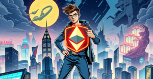 Vitalik Buterin作为超级英雄站在以太坊区块链上的未来城市景观上，象征良好与不良社会哲学的对比