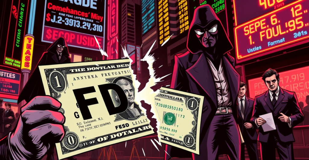 复古漫画风格插图展示FDUSD稳定币与传统美元脱钩的瞬间，背景为市场动荡和法律行动准备。