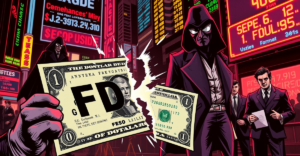 复古漫画风格插图展示FDUSD稳定币与传统美元脱钩的瞬间，背景为市场动荡和法律行动准备。