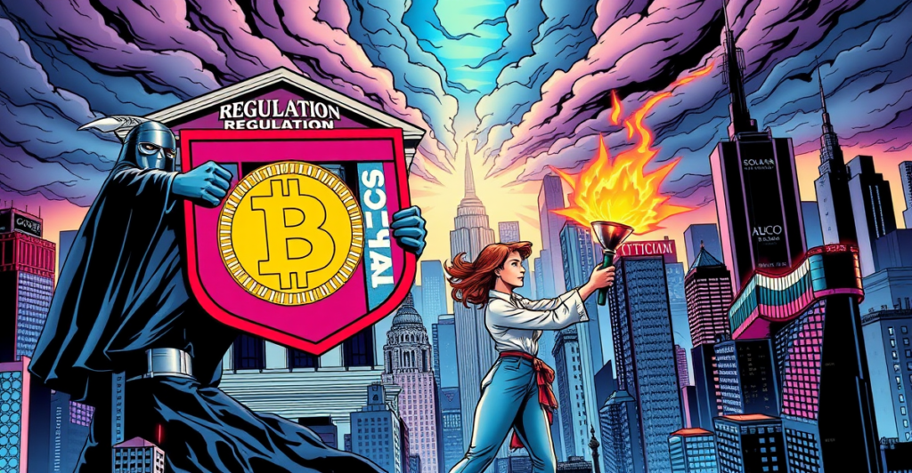 复古漫画风格封面，展示美联储与加密货币之间的象征性冲突，Custodia Bank CEO Caitlin Long站在创新一方。