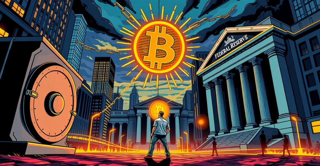 复古漫画风格插图展示美联储大楼与比特币标志的象征性对抗，背景是霓虹灯照亮的金融区