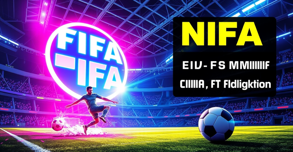 复古漫画风格插画展示FIFA区块链NFT，前景是足球运动员踢出NFT代币，背景为数字区块链网络。