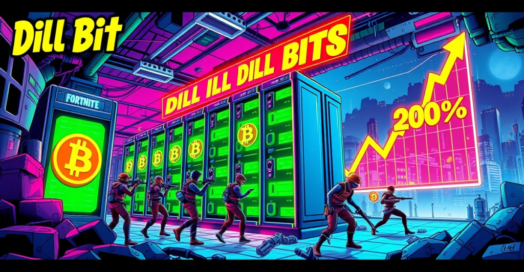 《堡垒之夜》Dill Bits矿场复古漫画封面，展示霓虹灯下的服务器矿场和游戏角色