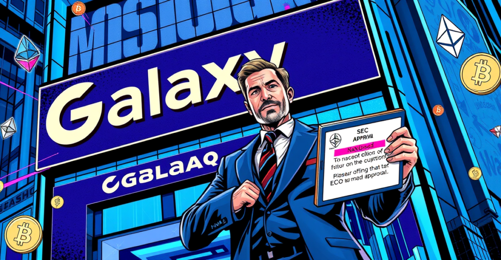 Galaxy Digital标志在纳斯达克股票行情背景前，象征其在加密货币投资领域的重要地位