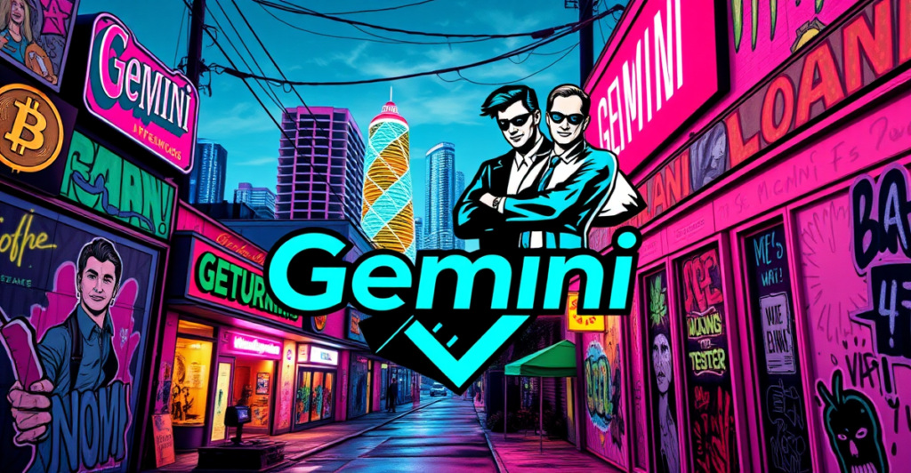 复古漫画风格封面展示Gemini加密货币交易所标志在迈阿密Wynwood艺术区的霓虹灯和涂鸦背景下，象征着加密文化的活力。