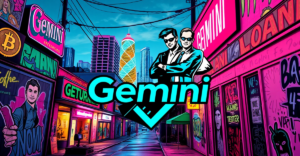 复古漫画风格封面展示Gemini加密货币交易所标志在迈阿密Wynwood艺术区的霓虹灯和涂鸦背景下，象征着加密文化的活力。