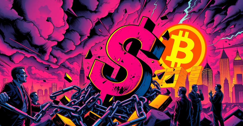 复古漫画风格插图展示全球货币秩序崩溃，中心是破碎的美元符号，背景是上升的比特币和黄金符号。