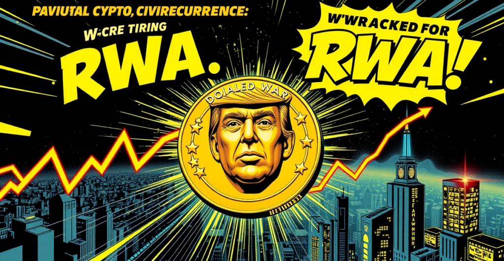 复古漫画风格封面展示了一枚中心有唐纳德·特朗普面孔的金色加密货币硬币，象征其关税对黄金支持加密货币的影响。