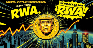 复古漫画风格封面展示了一枚中心有唐纳德·特朗普面孔的金色加密货币硬币，象征其关税对黄金支持加密货币的影响。