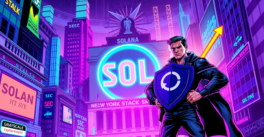 复古漫画风格封面展示灰度Solana信托ETF，中心是发光的Solana标志，背景为纽约证券交易所和SEC大楼
