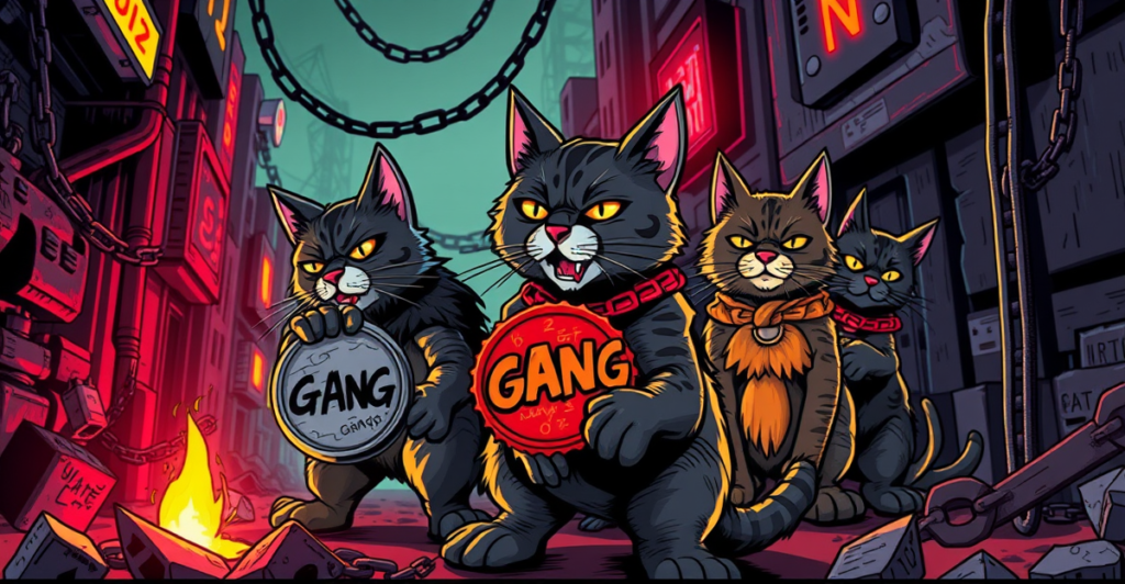 复古漫画风格的Gutter Cat Gang成员在后末日城市中持有GANG代币，背景有断裂的锁链和区块链网络