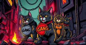 复古漫画风格的Gutter Cat Gang成员在后末日城市中持有GANG代币，背景有断裂的锁链和区块链网络