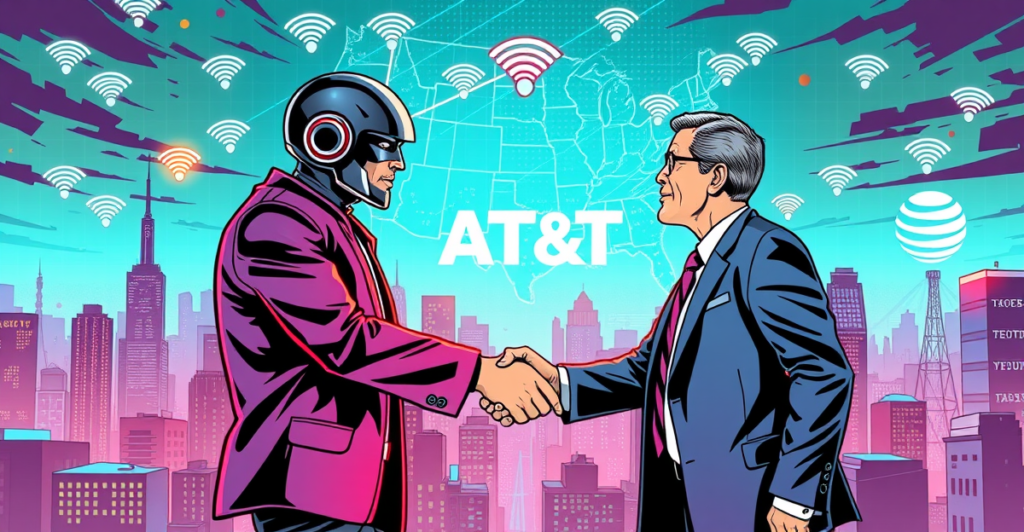 Helium与AT&T合作的复古漫画风格封面，展示去中心化WiFi网络与传统电信服务的融合
