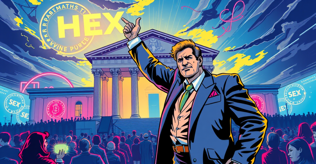 HEX加密货币创始人Richard Heart在法庭前胜利站立，背景是霓虹灯照亮的法院和抽象的HEX代币