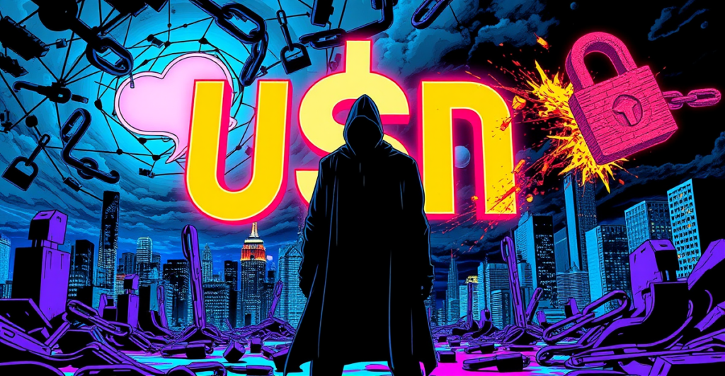 阴影人物站在巨大的Tron网络USDT符号前，背景是数字城市景观，象征高风险稳定币交易