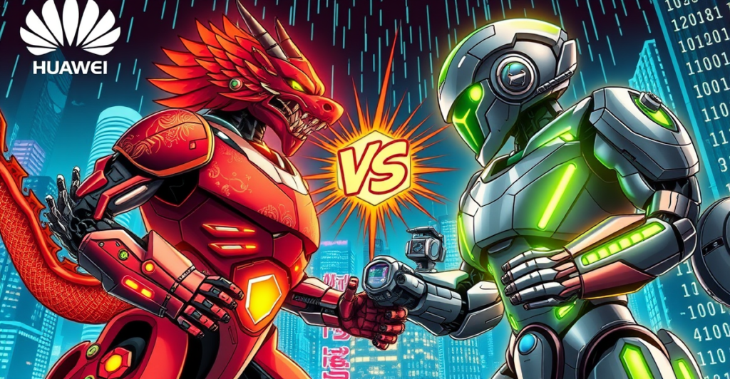 华为AI芯片与英伟达H100芯片的象征性对决，背景为未来城市