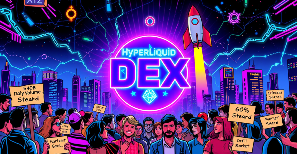 Hyperliquid DEX平台在复古漫画风格封面中展现，背景是霓虹灯照亮的未来城市和象征快速增长的火箭
