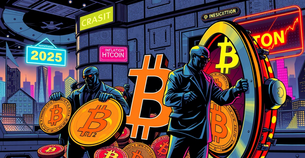 机构投资者在复古漫画风格的插图中积累比特币，背景是2025年的未来城市和经济图表