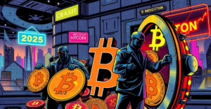 机构投资者在复古漫画风格的插图中积累比特币，背景是2025年的未来城市和经济图表