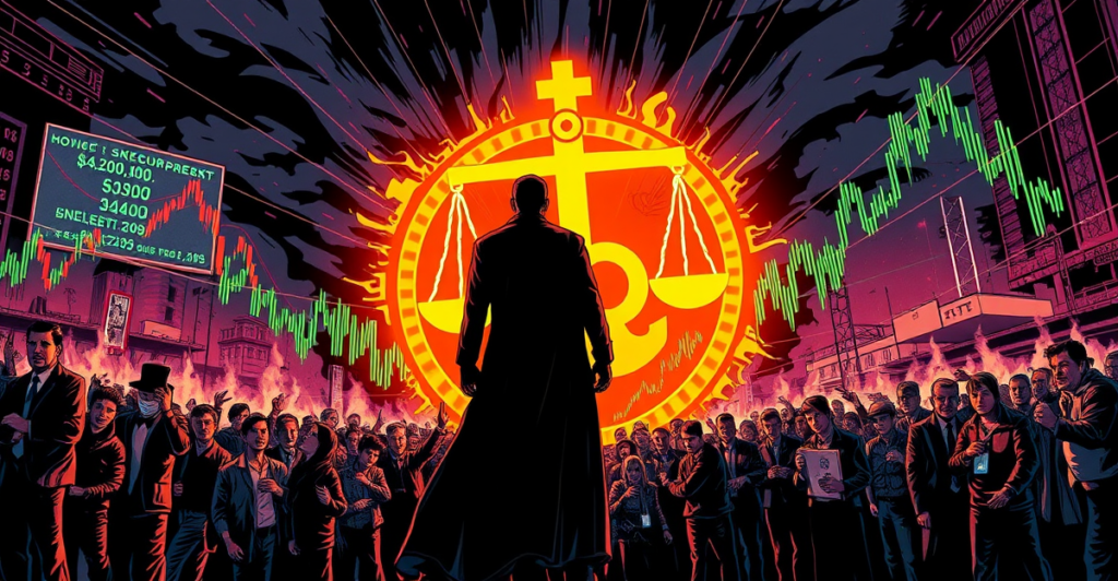阿根廷总统哈维尔·米莱站在发光的Libra加密货币标志前，背景是混乱的股市图和愤怒的投资者人群