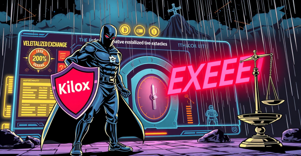 KiloEx英雄形象对抗黑客，背景为去中心化交易所界面，象征750万美元漏洞利用赔偿计划