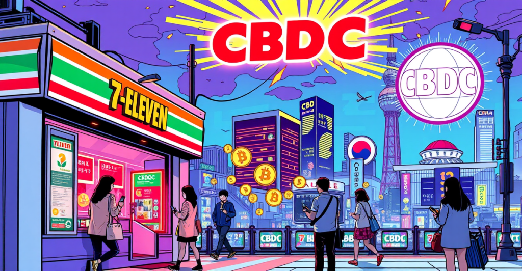 复古漫画风格插图展示7-Eleven便利店接受韩国CBDC支付，背景是首尔城市景观和CBDC标志