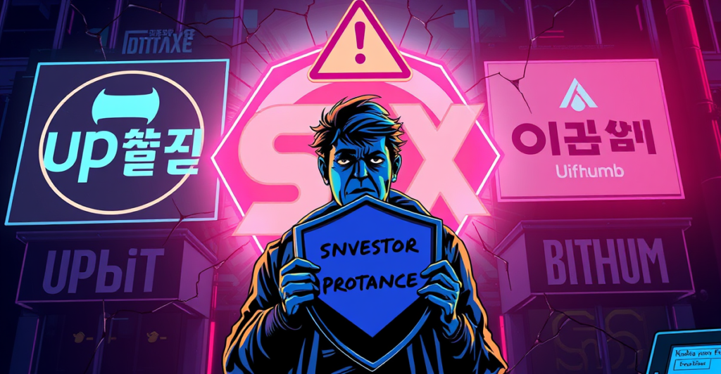 一名交易员站在发光的SNX标志前，背景是Upbit和Bithumb交易所的标志，象征韩国交易所暂停SNX存款服务