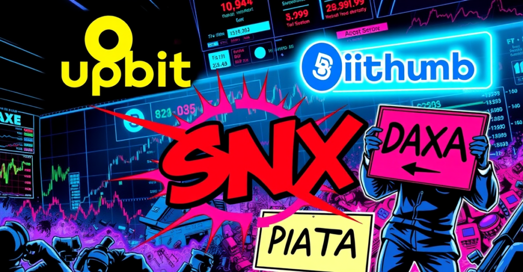韩国交易所Upbit和Bithumb暂停SNX存款的复古漫画风格插图