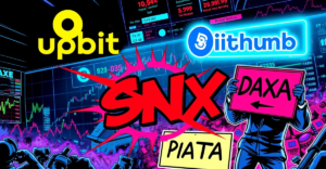 韩国交易所Upbit和Bithumb暂停SNX存款的复古漫画风格插图
