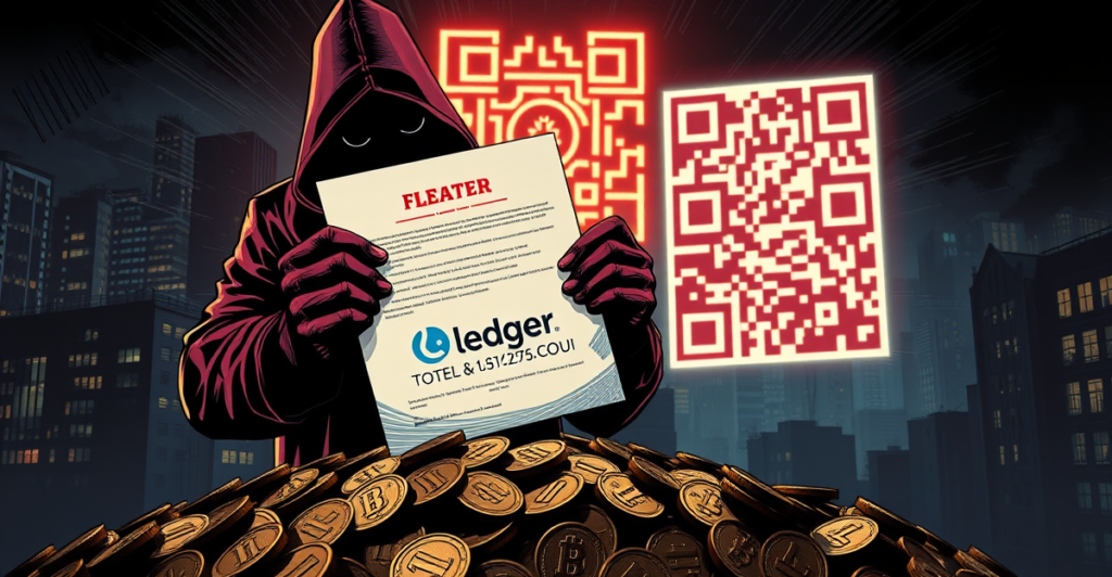 阴影人物手持带有Ledger标志的诈骗信件，背景是霓虹灯照亮的城市和发光的QR码