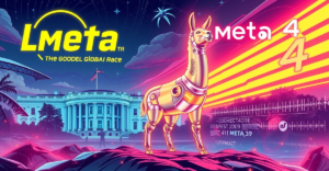 Llama 4 AI模型以未来主义机器人形象站在数字景观上，背景是白宫和Meta标志，象征美国在全球AI竞赛中的领先地位