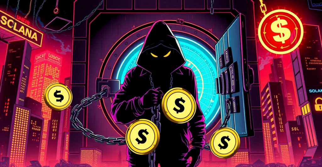 复古漫画风格插图展示黑客攻击Loopscale DeFi协议，背景是闪烁的Solana区块链节点和散落的USDC、SOL代币
