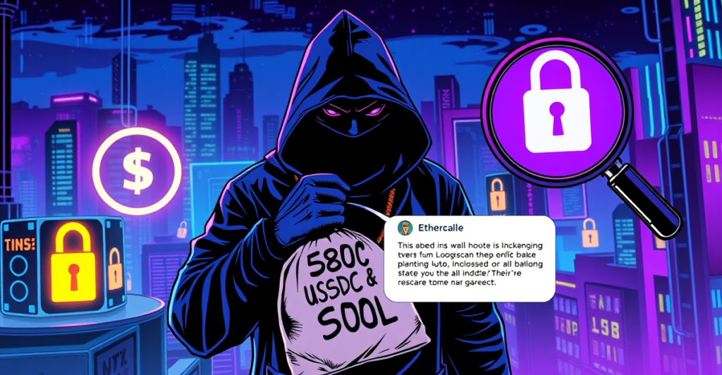 复古漫画风格插图展示一名黑客在霓虹数字世界中手持标有580万USDC和SOL的袋子，背景是Solana标志和区块链节点。