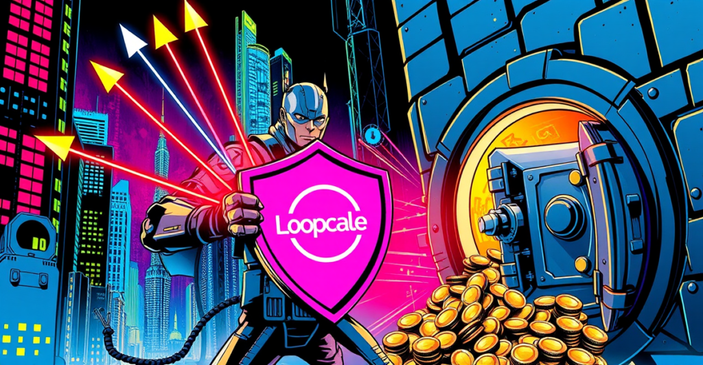 一名网络英雄在霓虹城市中保护Loopscale标志，象征漏洞攻击后的资金追回