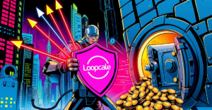 一名网络英雄在霓虹城市中保护Loopscale标志，象征漏洞攻击后的资金追回