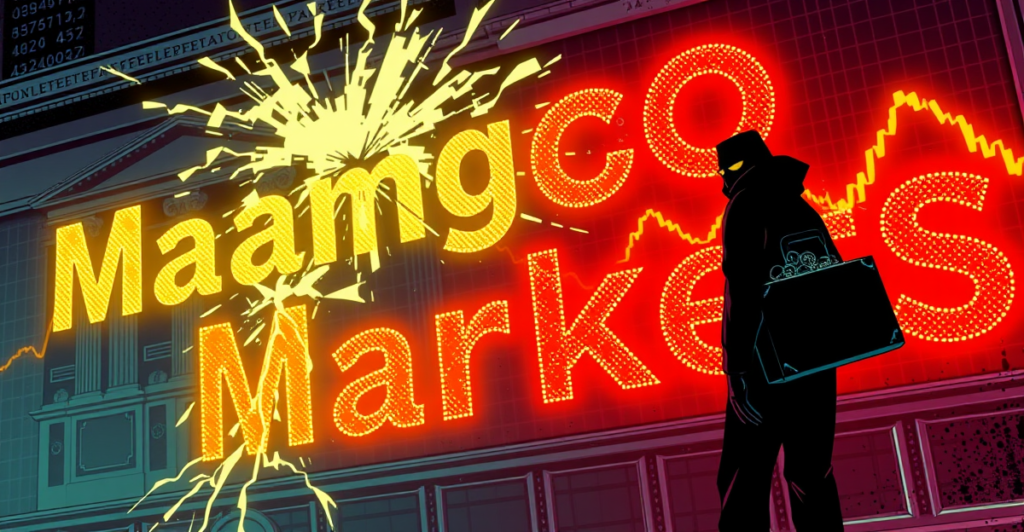 Avi Eisenberg站在破裂的Mango Markets标志前，背景是下跌的市场趋势图，象征1.1亿美元漏洞利用的影响