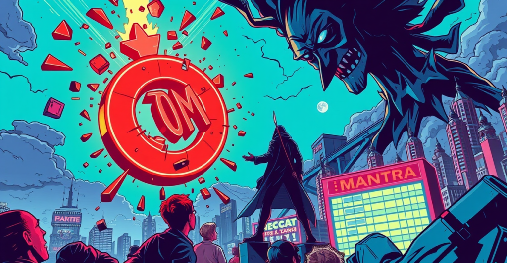 复古漫画风格插图展示Mantra OM代币暴跌场景，破碎的代币符号和震惊的投资者