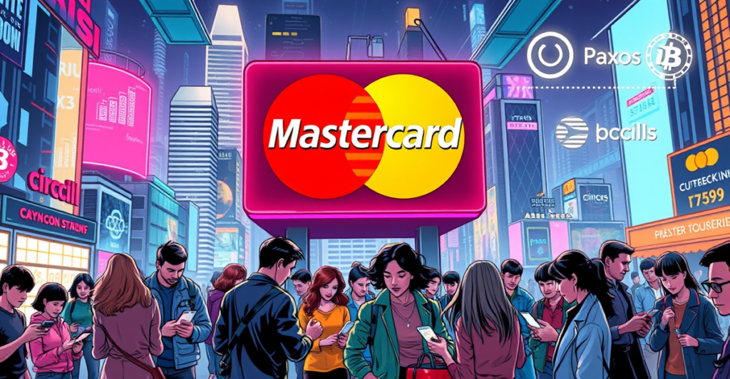 复古漫画风格封面展示Mastercard支持稳定币支付，背景是未来城市和区块链技术象征。