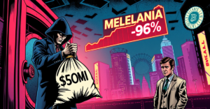复古漫画风格插图展示Melania Meme币团队转移3000万美元代币的场景，背景是暴跌的市场趋势图