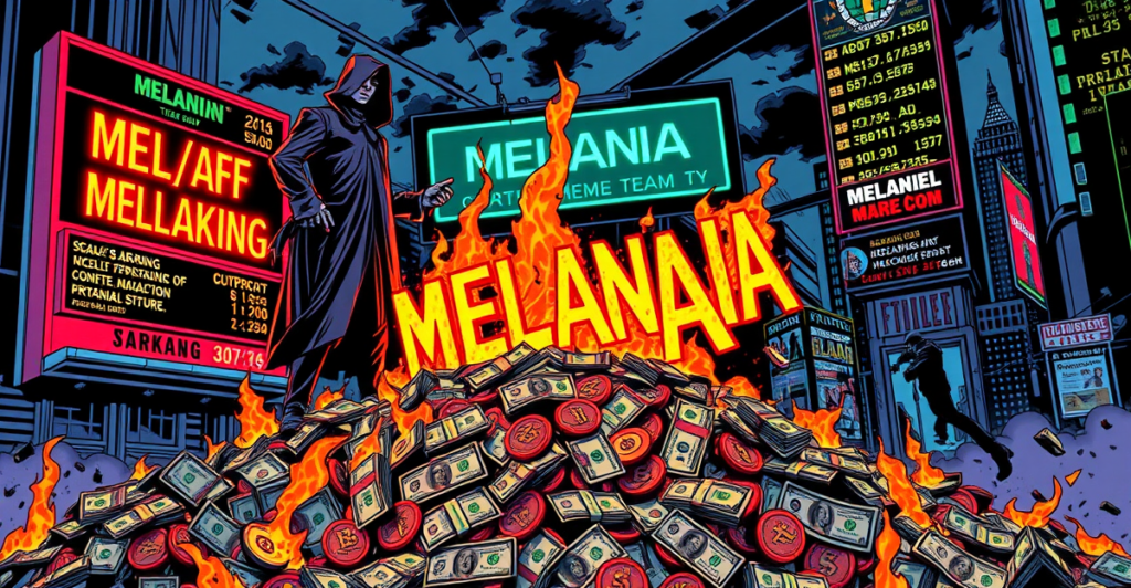 复古漫画风格插图展示Melania Meme代币团队大规模抛售，背景是下跌的市场趋势